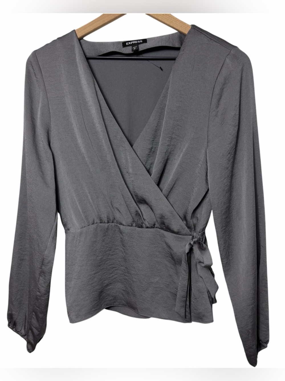 Express Gray Satin Long Sleeve Wrap Top Women's Size M